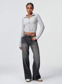 Flirla 1pc Women Grey Casual Minimalist Knitted Textured Mock Neck Long Sleeve Slim Fit Sweatshirt For Autumn/Winter