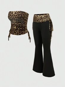 ROMWE 2pcs/Set Women Letter Print Rhinestone Leopard Pattern Side Drawstring Tube Top And Flare Pants, Sexy Outfit - Black - View 9