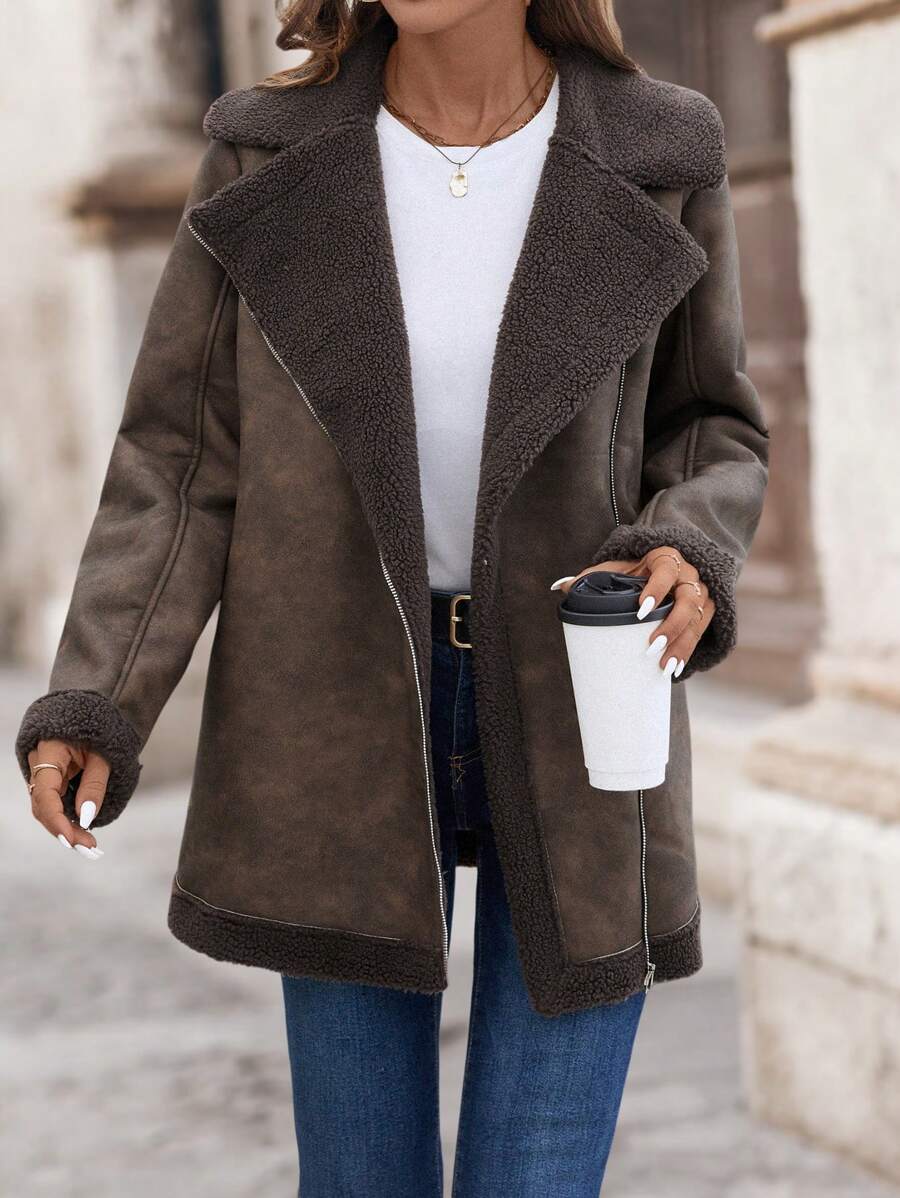 EMERY ROSE Women Casual Retro Fluffy Lined Jacket For Autumn/Winter - Brown - View 1