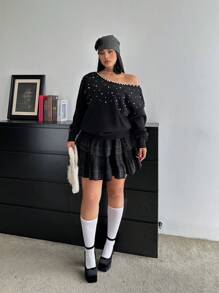 Franclia Plus Size Women's Plus Size Drop Shoulder Long Sleeve Loose Oblique Shoulder Studded Pearl Sweater, Autumn/Winter