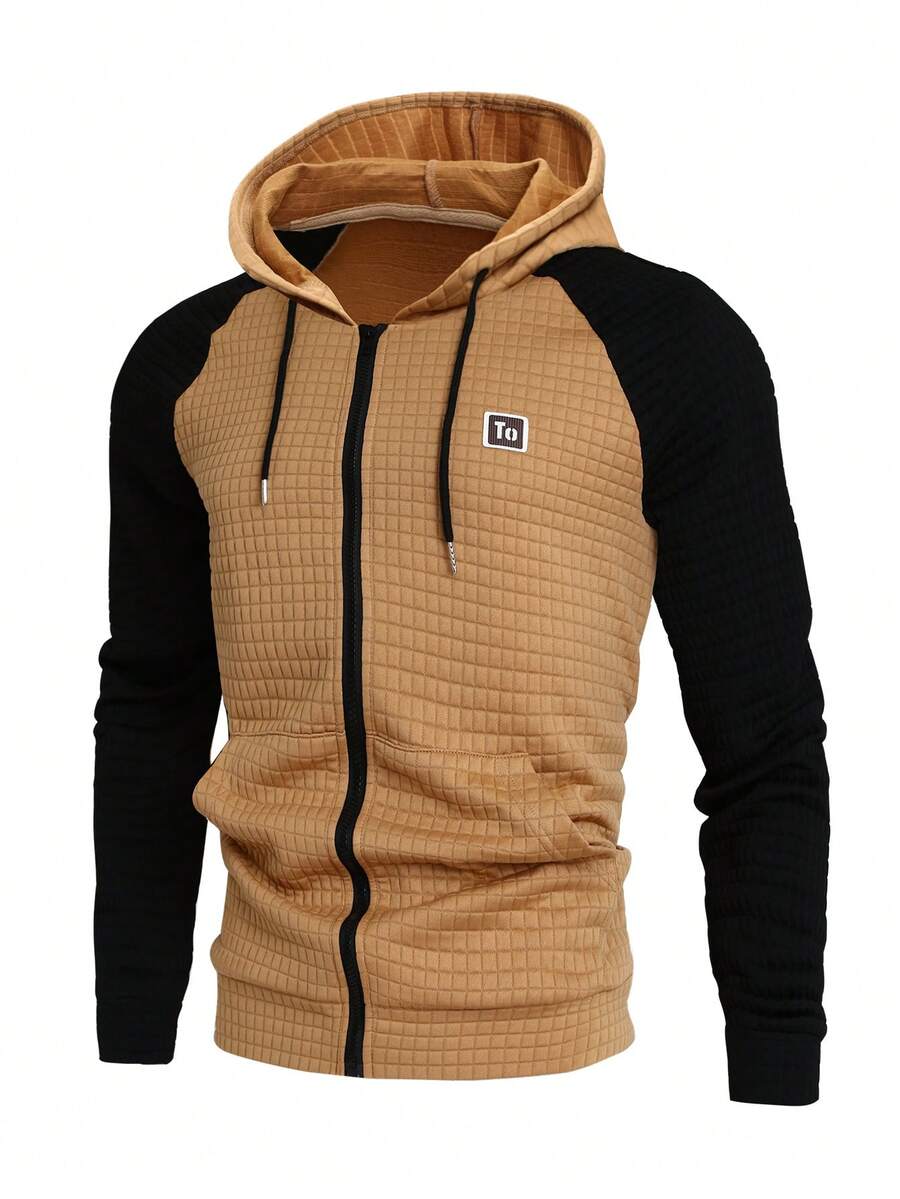 Manfinity Homme Áo hoodie có dây rút phía trước đính chữ cái màu tương phản cho nam, mùa xuân/thu - Nhiều màu - Xem 1