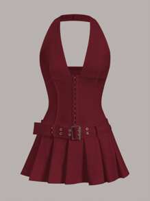 SHEIN ICON Women Deep V-Neck Metal Button Decorated Belted Wide Pleated Mini Dress,Sun Dress,Summer Dresses For Women - Burgundy - View 2