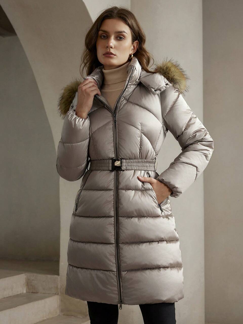Long Thick Detachable Fur Collar & Hood Cinched Waist Double Zipper Padded Coat Coat
