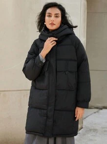 Aveloria Modichic Casual Versatile Exaggerated Large Pockets Cargo Loose Fit Midi Length HoodedPadded Insulated Polyfill Synthetic Insulation Winter Coat Winter Jacket Jacket, Winter Clothes New Fashion Fall Cloth For Women - Black - View 2