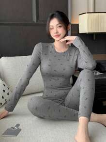 DAZY Bow Allover Print Lightweight Fitted Pajama Set, Back To School Clothes, For Fall Winter Clothes - Grey - View 4