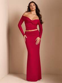 SHEIN BAE 2 件套女士露肩扭结纯色长袖上衣 + 高腰褶饰鱼尾裙，秋季 - 紅色 - 查看 4