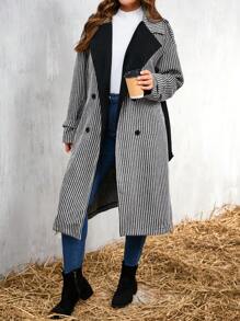 Abrigo informal de talla grande con rayas y doble botonadura, con contraste de colores, para otoño/invierno - Gris - Ver 4