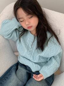 DAZY Young Girls Round Neck Sweater, Fall - Blue - View 2