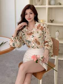 DAZY 1 chiếc áo cánh dài tay bằng vải chiffon in hoa thanh lịch dành cho nữ - Màu Mù tạt vàng - Xem 4