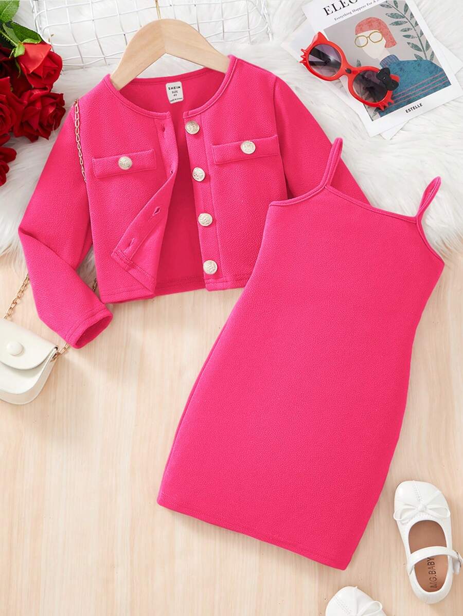 SHEIN Leap Crew 年輕女孩時尚優雅的純色肩帶連衣裙，搭配開襟外套 - 玫紅色 - 查看 1