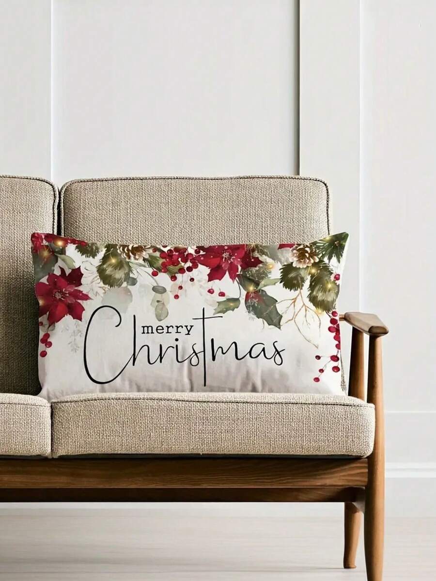 1 Pc Merry Christmas Throw Pillow Cover Machine Washable, Zip Closure