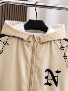 Tween Boys Beige Autumn Casual School Back-To-School College Style Loose Fit Thermal Lined Hoodie Jacket,Full Print Letter Pattern,Sports,Winter - Khaki - View 3