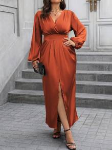 SHEIN Unity Plus Size Elegant Solid Color Lantern Sleeve Pleated Waisted Front Slit Long Dress, Autumn Maxi Women Outfit Fall Cloth For Women