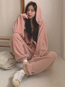 DAZY 2pcs Women Solid Color Drawstring Hoodie And Pants Casual Sports Suit