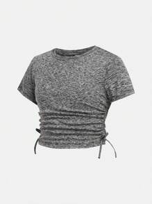 SHEIN 2st Tween Girls Knit Wrinkle Long Sleeve T-Shirt & Flared Byx Set - Grå - Visa 10