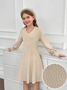 Tween Girls' Fitted Knit Cable V-Neck Sweater Dress