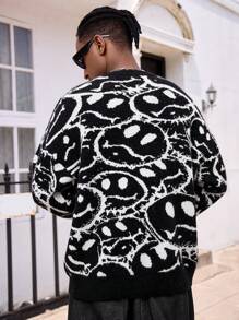 Pull col ras-du-cou à manches longues imprimé all-over pour hommes - Noir - Voir 2