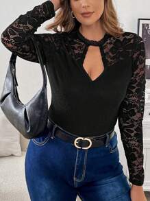 SHEIN Frenchy Plus Size Women's Spring Autumn Contrast Lace Keyhole Neck Long Sleeve Slim Elegant T-Shirt