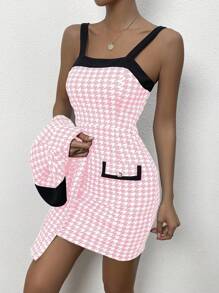 Chiquease 2 件套女士优雅千鸟格拼色无袖紧身连衣裙和翻领短款夹克，春秋