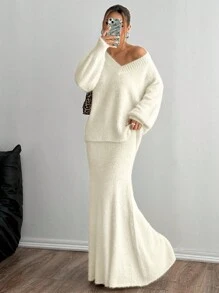 Flirla Set de 2 piezas: Blusa casual de manga larga y cuello en V de color liso y falda evasé - Beis - Ver 4