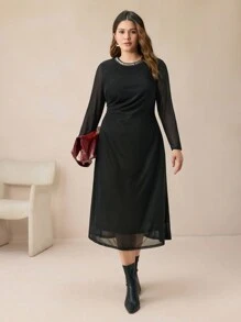 BizChic 大码秋季黑色优雅亮片装饰通勤连衣裙