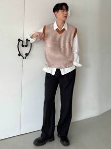 DAZY Autumn Men's Red Stripe Knit Vest - Red - View 8