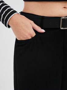 SHEIN EZwear 女士灯芯绒简约日常长裤 - 黑色 - 查看 6