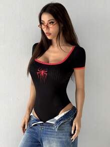 SHEIN EZwear Women's Halloween Black & Red Spider Print Mock Neck Fitted Bodysuit