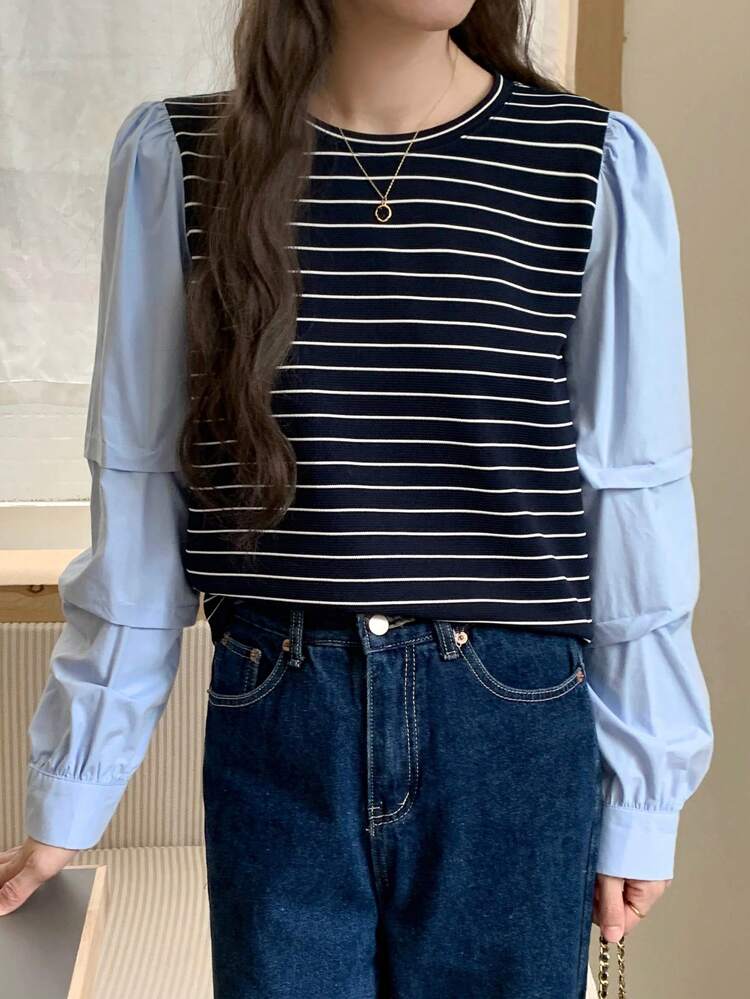 Women's Round Neck Striped Contrast Color Sweater, For Autumn/Winter Long Sleeve Women Tops