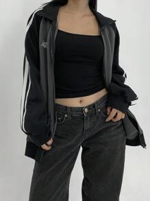 DAZY Chaqueta casual de manga larga con rayas laterales y estampado de letras a contraste, de otoño
