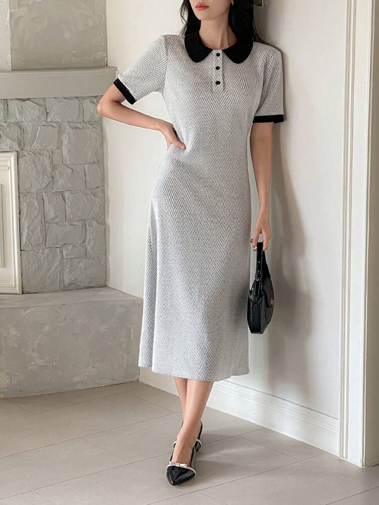 Women's Color Block Polo Collar Short Sleeve Casual Mid-Length Dress