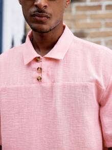 Manfinity Dauomo Camisa de polo retro de manga corta, de ajuste holgado, de mezcla de lino para hombre, camiseta de playa de verano de unicolor - Rosa - Ver 5