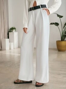 RueChic Dames effen linnen broek met riem en middelhoge taille