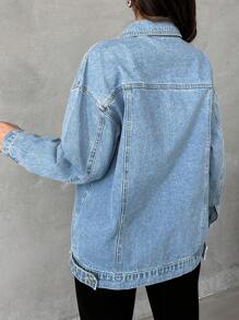 EURMUSE Flap Pocket Drop Shoulder Denim Jacket - Medium Wash - View 2