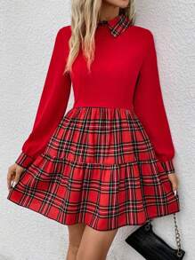 SHEIN LUNE 女士格子印花翻领优雅长袖连衣裙新年衣服 - 紅色 - 查看 4