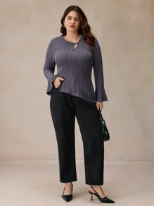 SHEIN Frenchy Plus Size Women's Elegant Asymmetric Neck Ribbed Long Sleeve Slim Fit T-Shirt,Sky Blue,Autumn,Smart Casual,Everyday,Dark Gray Soft Knit Top,FW24 - Grey - View 6