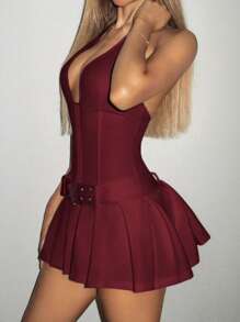 SHEIN ICON Women Deep V-Neck Metal Button Decorated Belted Wide Pleated Mini Dress,Sun Dress,Summer Dresses For Women - Burgundy - View 11