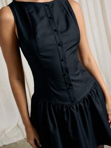 AiiRZ Sleeveless Button Front Flared Mini Dress - Black - View 3