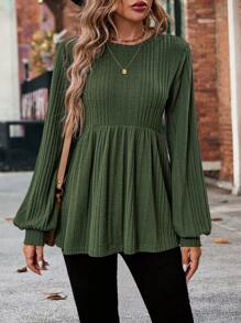 SHEIN LUNE Áo thun nữ tay raglan dệt kim gân màu xanh ô liu mới thu/đông 2024 - xanh quân đội - Xem 7