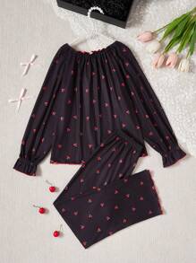 Bộ đồ ngủ dệt kim dễ thương màu đỏ anh đào thời trang tối giản cho bé gái tuổi teen, quần dài & áo dài tay, đồ mặc ở nhà thoải mái - màu đen - Xem 2