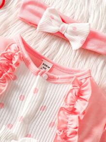 SHEIN 女婴休闲撞色波点印花蝴蝶结装饰连体衣，秋季款 - 粉色 - 查看 3