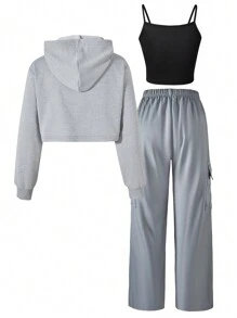 SHEIN Explorewe 3 件套 Tween 女童套装：纯色长袖连帽短款夹克、字母图案吊带背心和直腿工装裤，适合春秋冬季的时尚都市风格