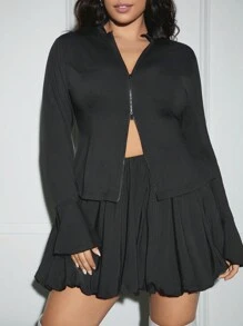 SHEIN SXY Set de 2 piezas de talla grande: Top ajustado de manga larga de unicolor y falda con bajo acampanado, informal para el otoño