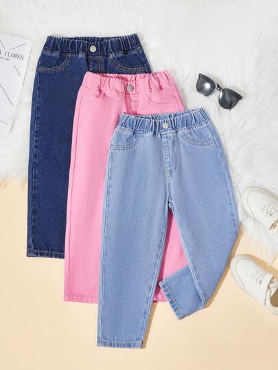 SHEIN 女童牛仔裤，多色拼接牛仔布，学院风，舒适棉质面料，休闲优雅，粉色、浅蓝色和深蓝色撞色设计，三色搭配，百搭柔软，适合日常出行、聚会、旅行、返校、户外活动和通勤。
