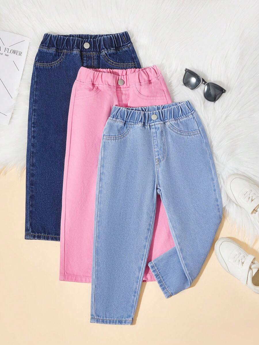 SHEIN 女童牛仔裤，多色拼接牛仔布，学院风，舒适棉质面料，休闲优雅，粉色、浅蓝色和深蓝色撞色设计，三色搭配，百搭柔软，适合日常出行、聚会、旅行、返校、户外活动和通勤。 - 彩色 - 查看 1