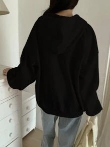 DAZY 女士蝴蝶结装饰印花和刺绣保暖内衬连帽衫运动衫、长袖上衣、秋季女装拉链夹克 - 黑色 - 查看 4