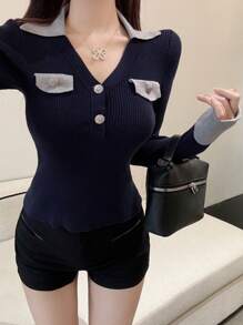 DAZY Women Color Block Turndown Collar Pullover Long Sleeve Knitted Sweater