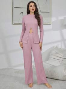 1 套女式纯色提花下摆开叉短款上衣休闲家居服 - 粉色 - 查看 4