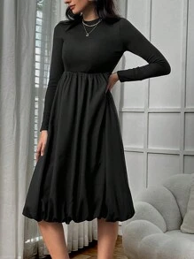 INAWLY 女士春秋优雅纯色拼布蕾丝边连衣裙 - 黑色 - 查看 5