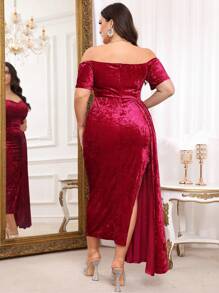SHEIN Belle 勃艮第红色大码优雅露肩修身圣诞派对礼服